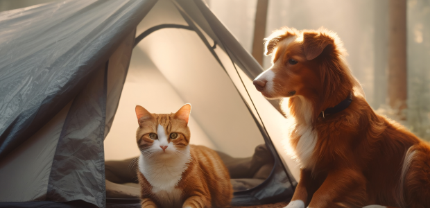 Dog and cat in a tent