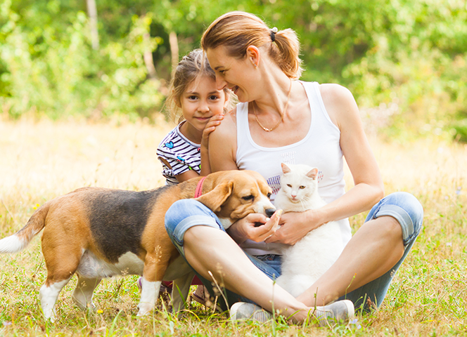 Mom and child with dog and cat